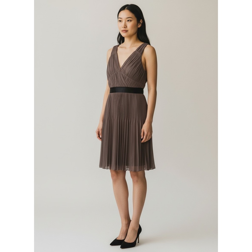 Max & Cleo Pleated Dress Size 14 Taupe V-Neck Sleeveless‎ Chiffon Knee Y2K